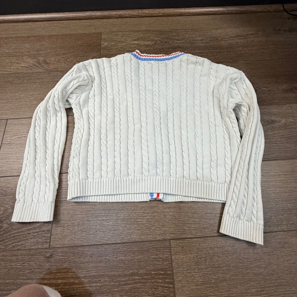 Prince Pickleball Cable Knit Cardigan Sweater Red Blue Trim Women's Size L VNeck - Picture 15 of 15
